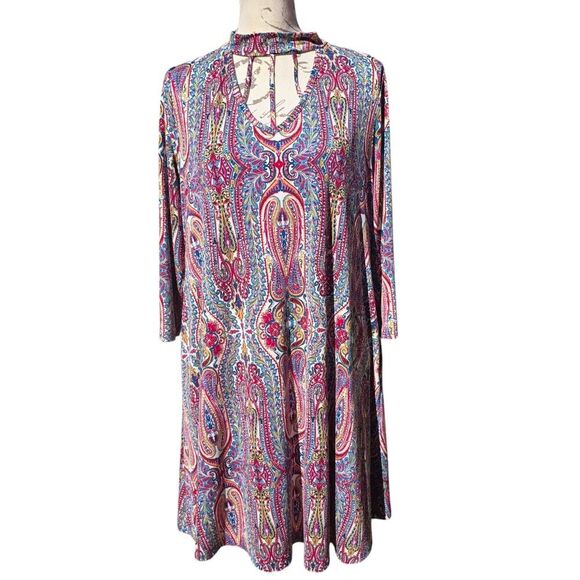-1041 Paisley Print Boho Cut Out Chest Mock Neck 3/4 Sleeve Dress Medium - Picture 1 of 7